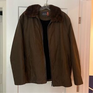 Brown Lined Chore Barn Aviator Field Jacket with Genuine Fur Collar